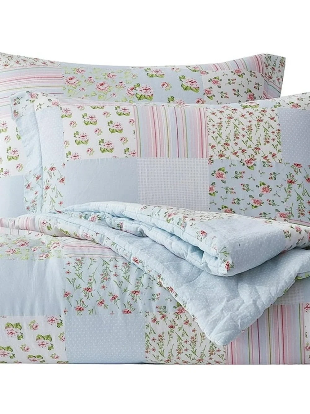 Light Blue Floral Patchwork Full size 100% cotton 3 piece Comforter Set